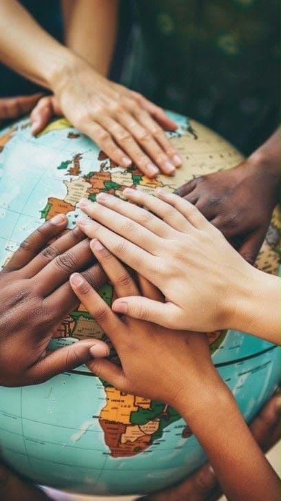 Hands of many people resting together on a globe