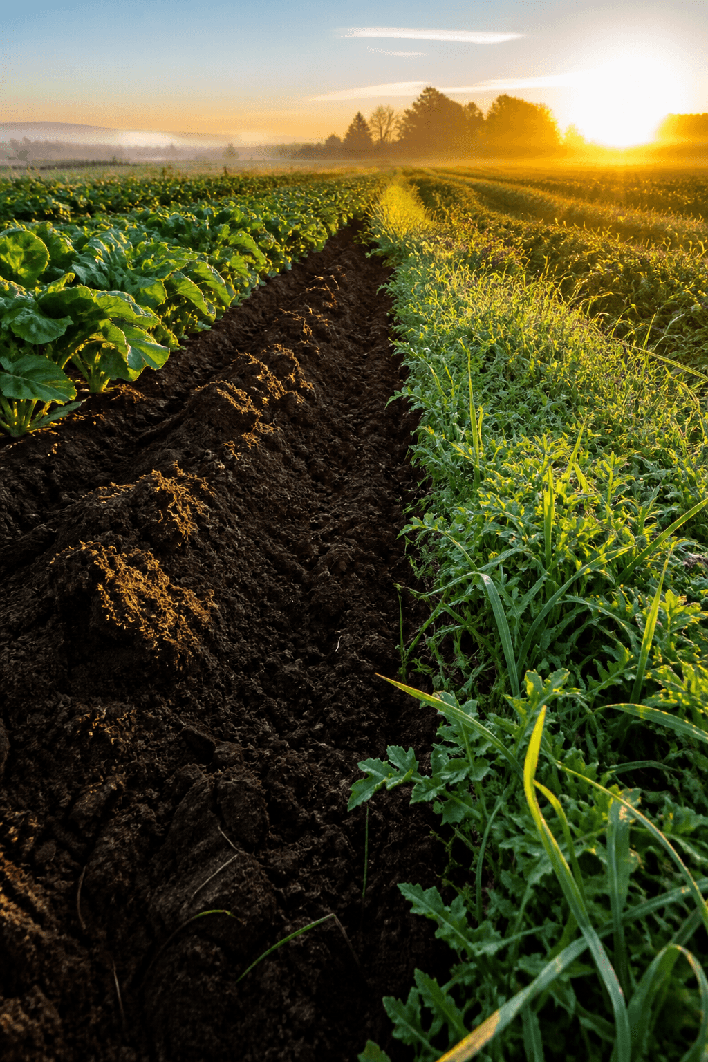 Healthy soil and crop rows on regenerative farmland at sunrise