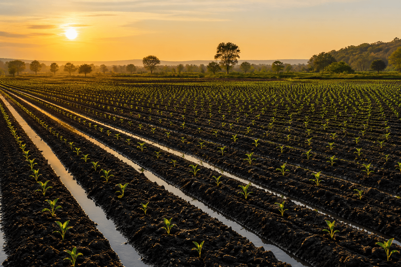 Newly planted crop rows at sunrise