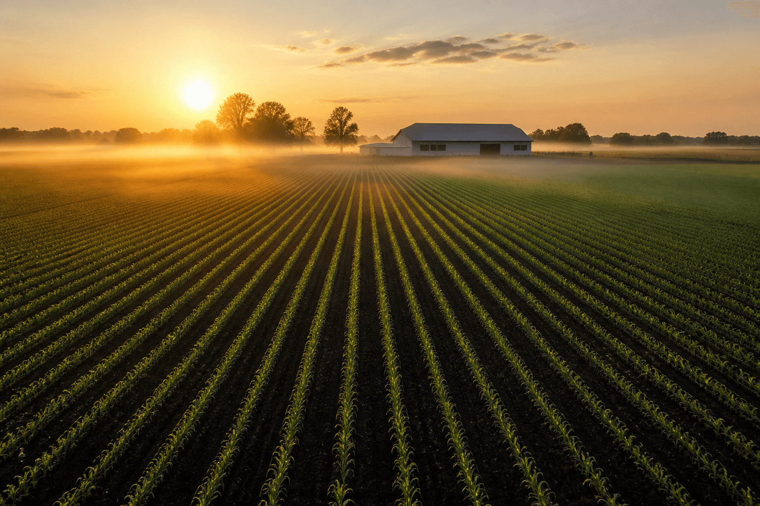 Young crop rows at dawn on a new commercial farm