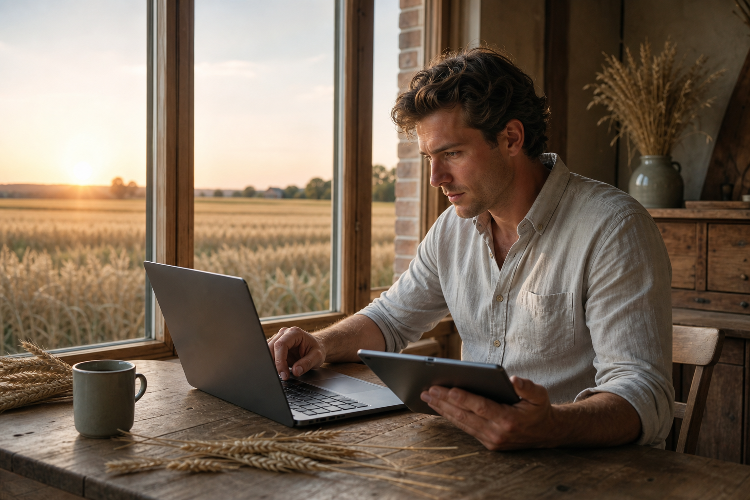 Reviewing a farm profile on a laptop beside an American wheat field