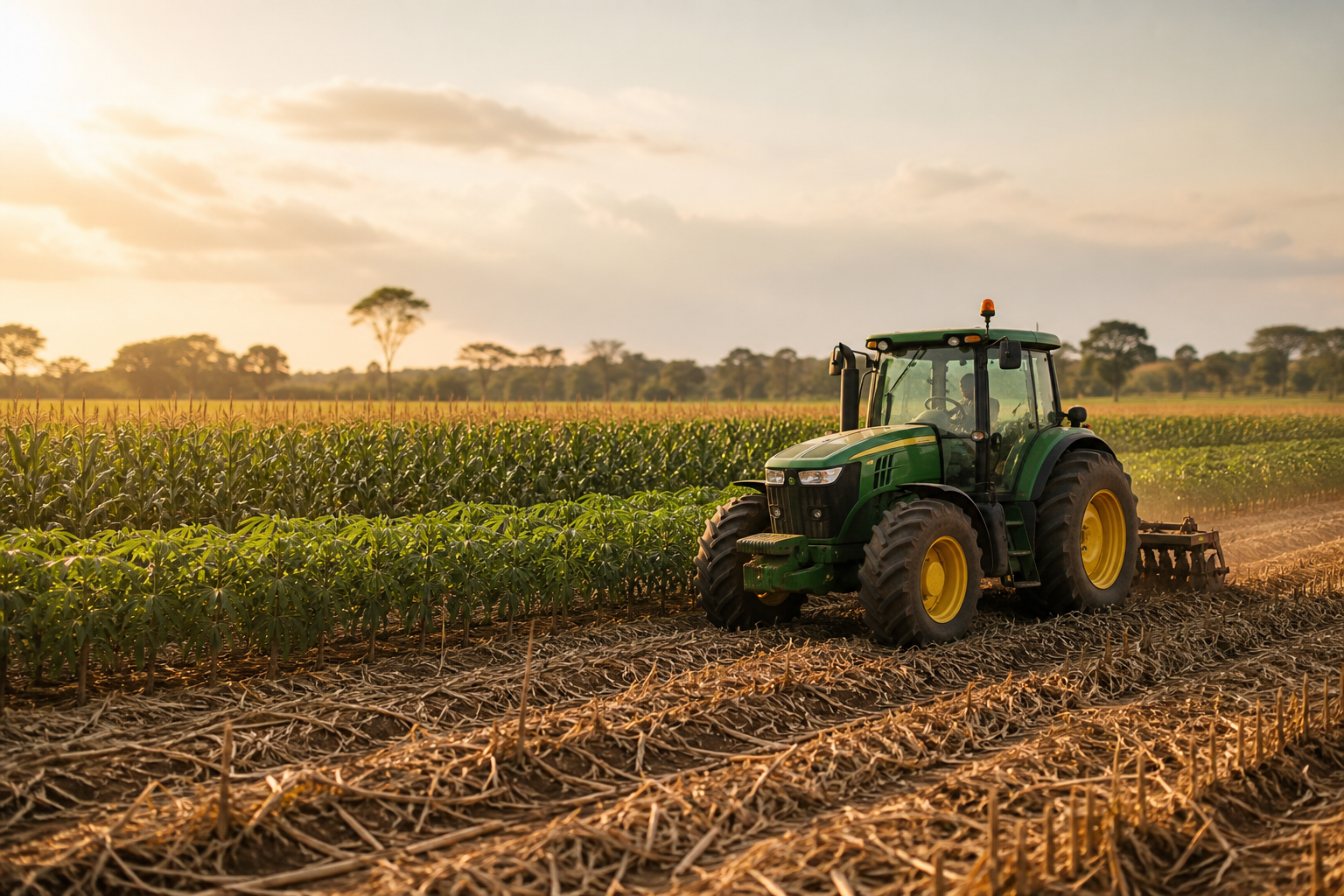 Tractor working a harvested field at golden hour
