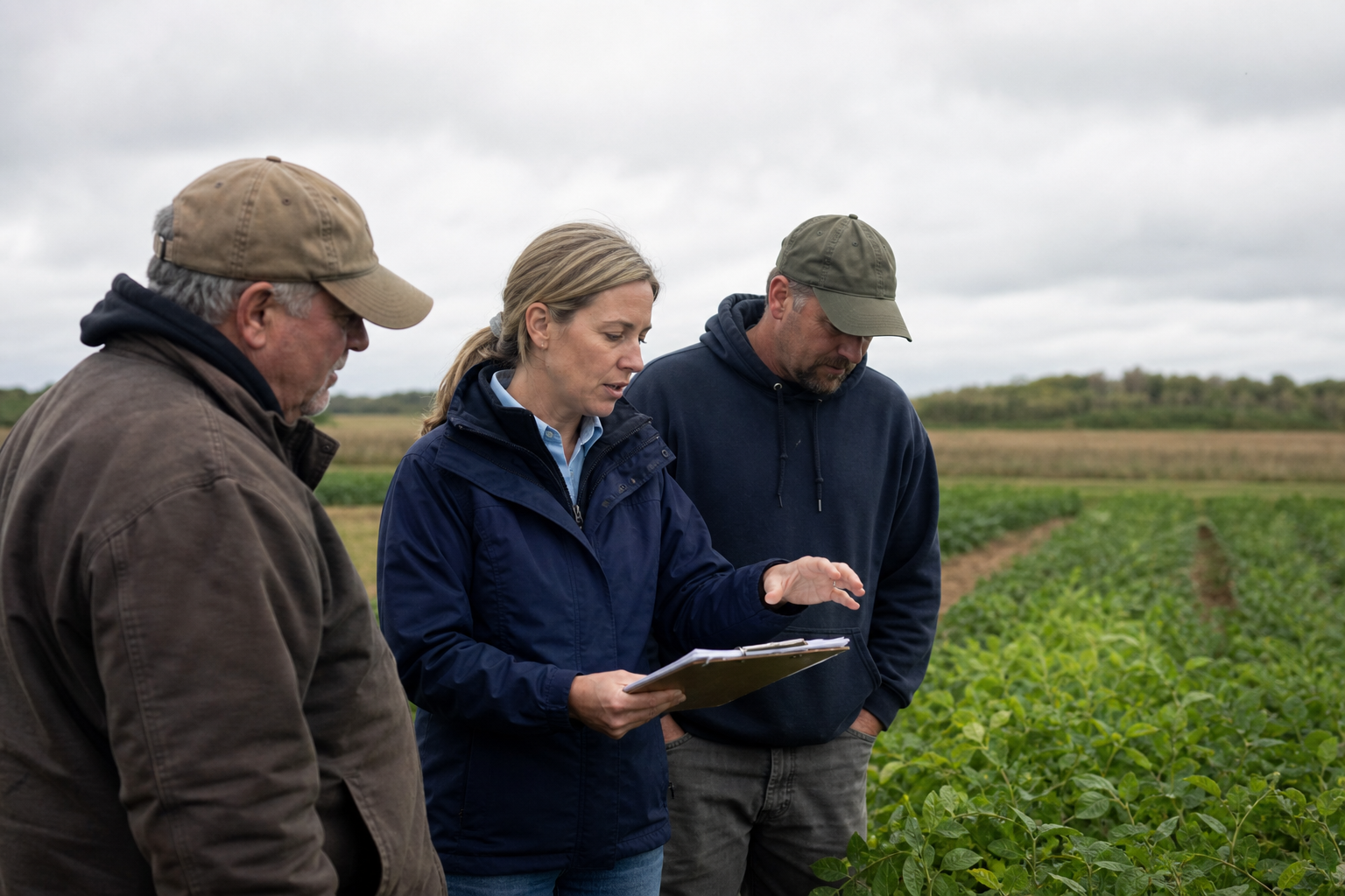 A public official walking a demonstration farm with growers