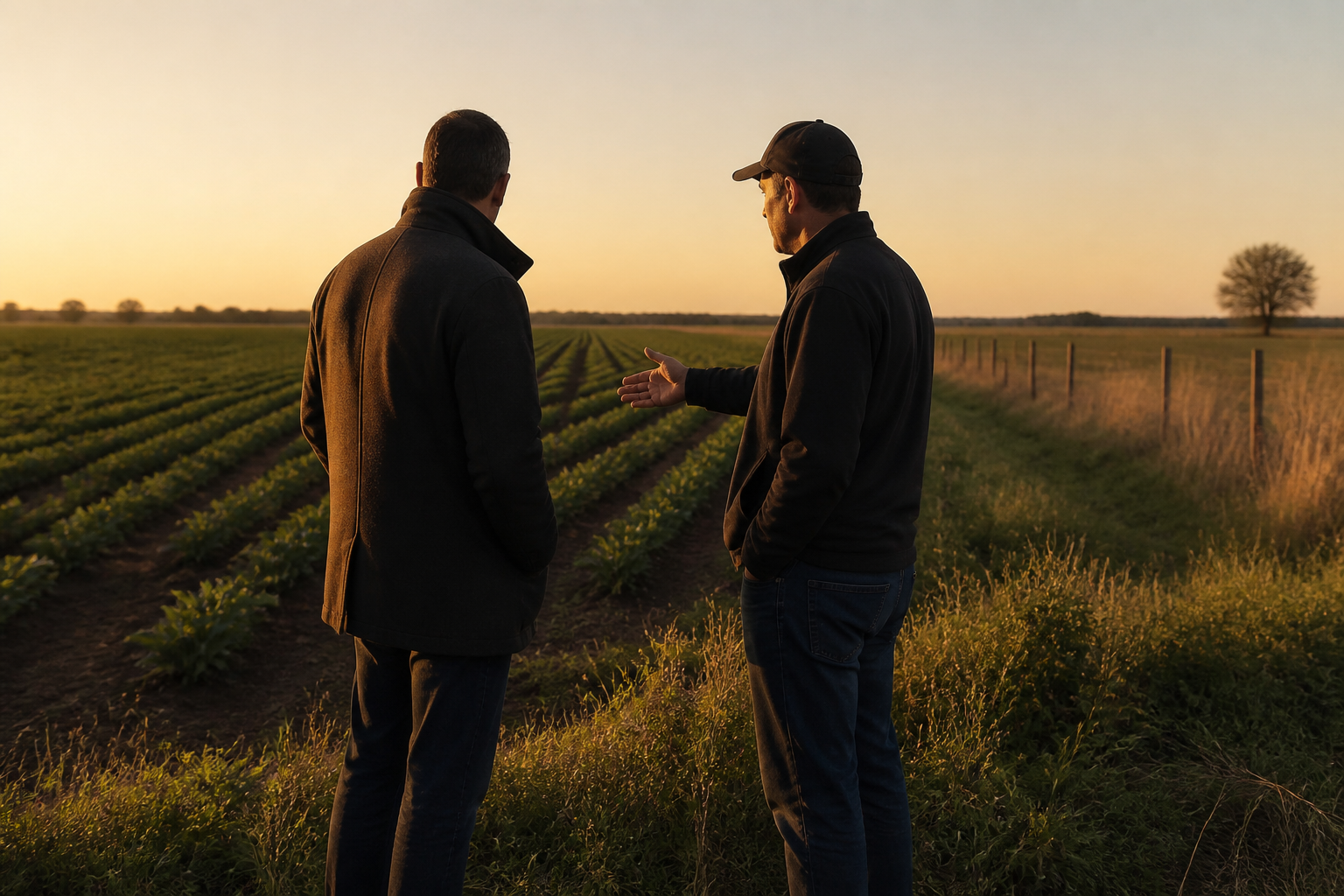 An investor and farm operator reviewing a field at the edge of the crop